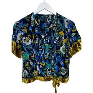 Anthropologie‎ Clara Velvet-Trimmed Top XS Flowers Viscose Blue Chartreuse